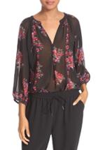Women's Joie 'gloria' Floral Print Silk Peasant Top - Black