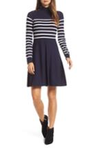 Women's Eliza J Stripe Mock Neck Fit & Flare Dress - Blue