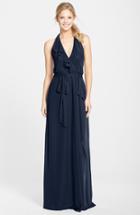 Women's Nouvelle Amsale 'erica' Ruffle Chiffon Halter Neck Wrap Gown - Blue