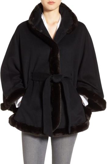Women's Ellen Tracy Wool Blend Cape With Faux Fur - Black