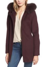 Women's Kristen Blake Genuine Fox Fur Trim Hooded Wool Coat - Burgundy