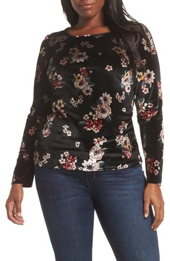Women's Vince Camuto Floral Story Puff Sleeve Stretch Velvet Top, Size - Black