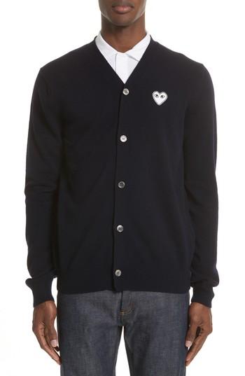 Men's Comme Des Garcons Play White Heart Wool Cardigan - Blue
