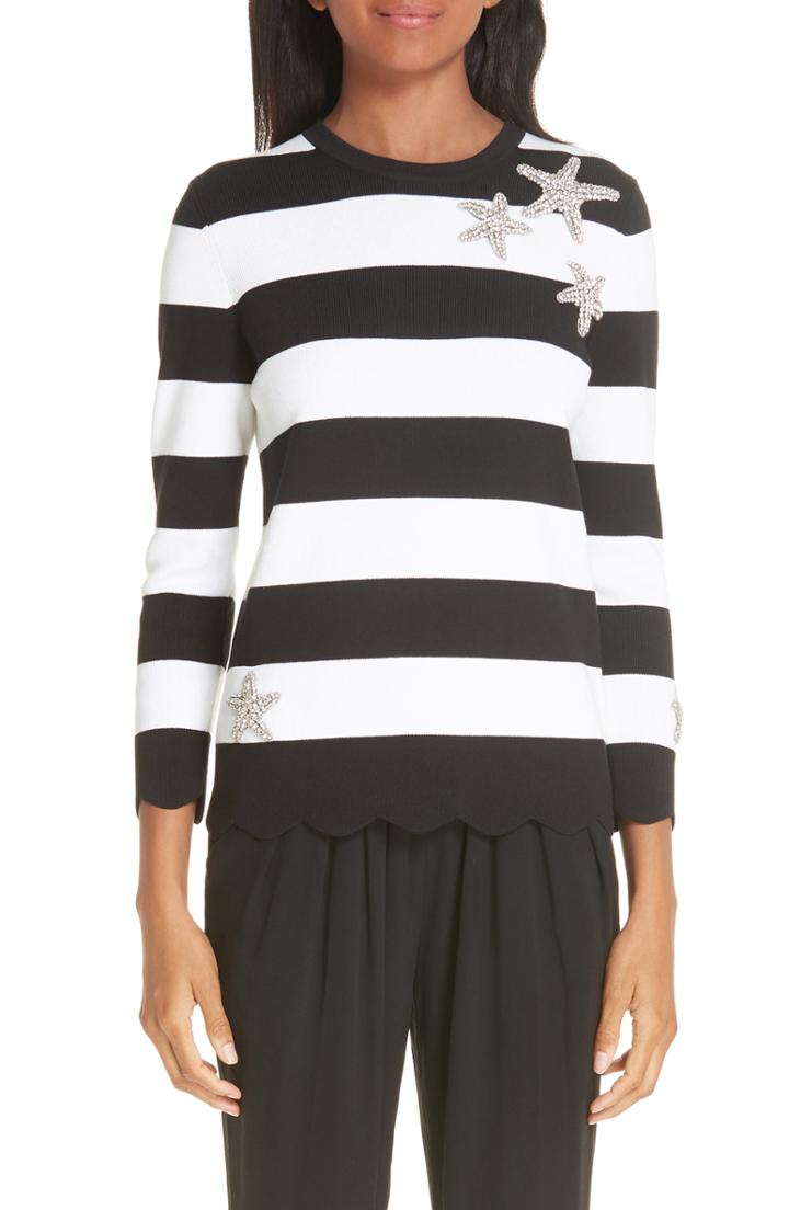 Women's Michael Kors Starfish Embellished Scallop Hem Sweater - Black