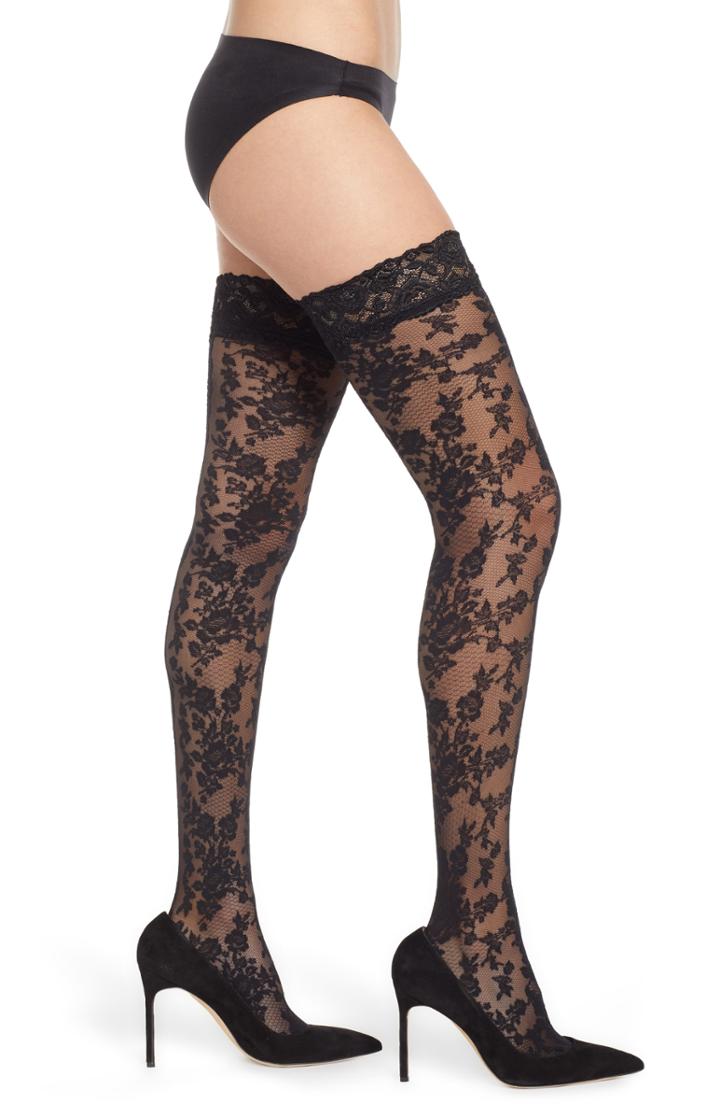 Women's Oroblu Lace Effect Thigh High Stay Up Stockings - Black