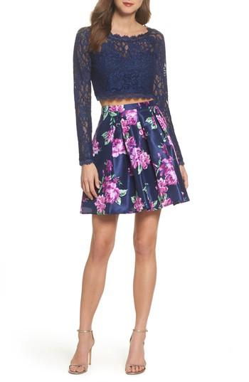 Women's Sequin Hearts Glitter Lace Two-piece Dress - Blue