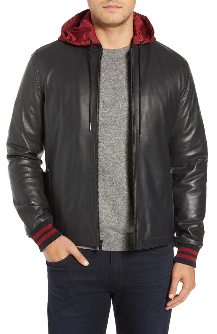 Men's Bugatchi Hooded Leather Bomber Jacket - Black