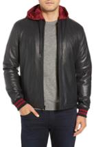 Men's Bugatchi Hooded Leather Bomber Jacket - Black