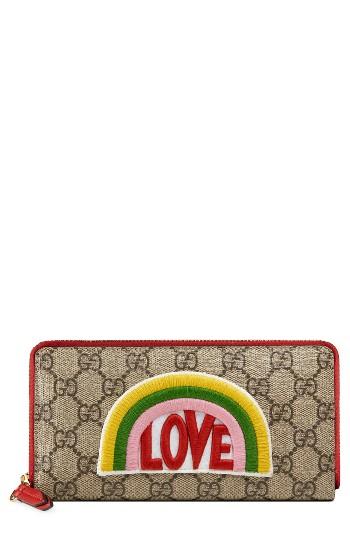 Women's Gucci Embroidered Love Patch Gg Supreme Zip Around Wallet - Beige