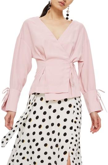 Women's Topshop Tie Sleeve Wrap Blouse Us (fits Like 0) - Pink