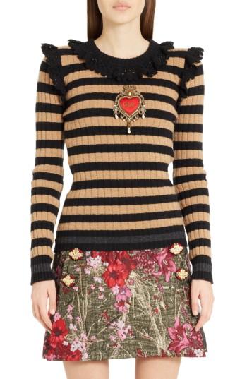 Women's Dolce & Gabbana Heart Patch Stripe Wool & Cashmere Sweater Us / 44 It - Black