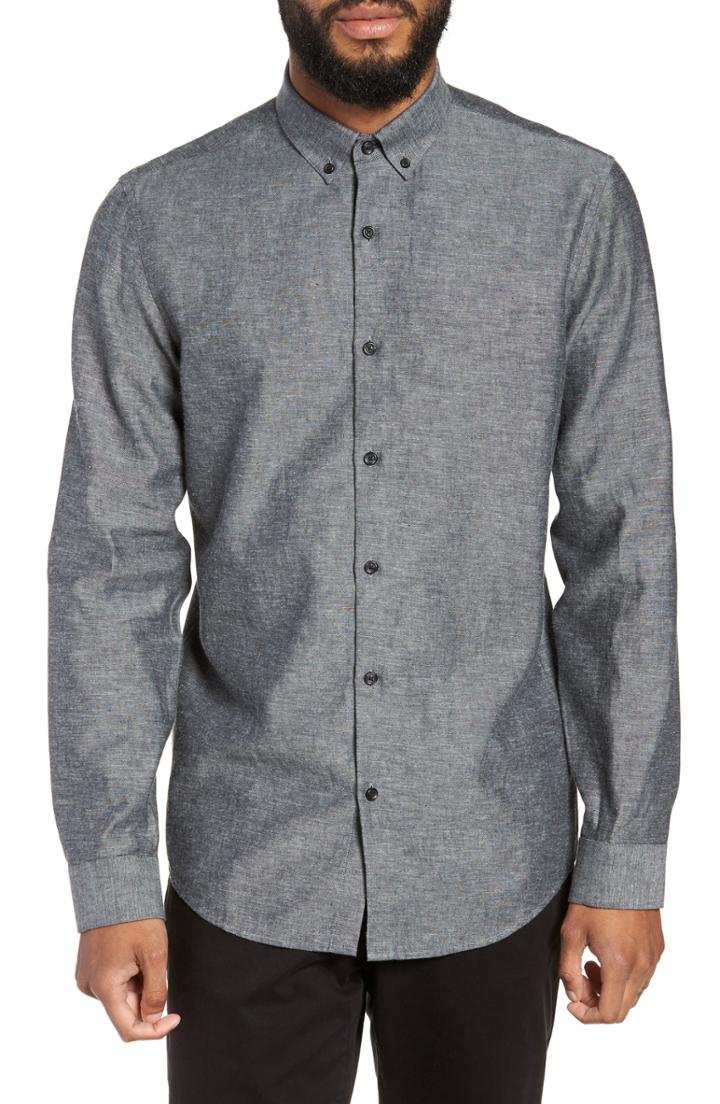 Men's Calibrate Chambray Linen & Cotton Sport Shirt, Size - Grey