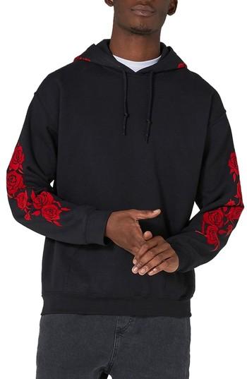 Men's Topman Rose Print Hoodie - Black