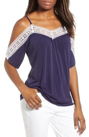 Women's Chaus Cold Shoulder Lace Trim Top - Blue