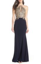 Women's Xscape Gold Embroidery Halter Neck Gown - Blue