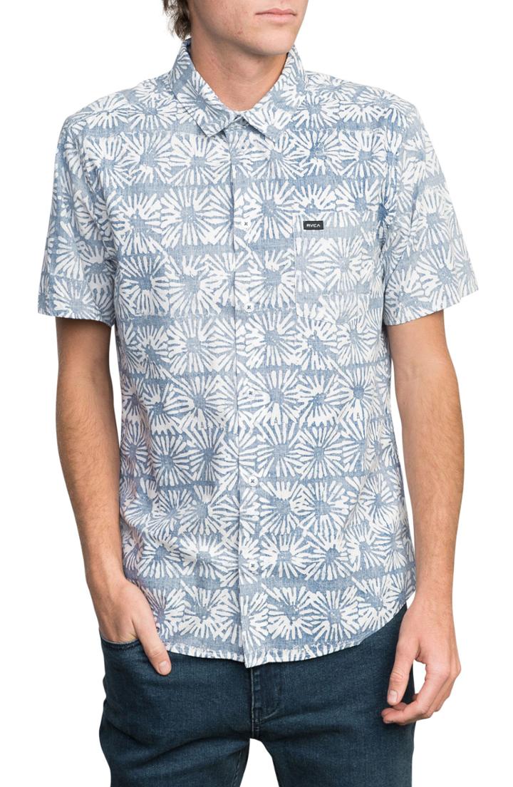 Men's Rvca Flower Block Woven Shirt, Size - Blue