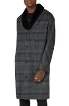 Men's Topman Faux Fur Collar Prince Of Wales Check Coat - Black