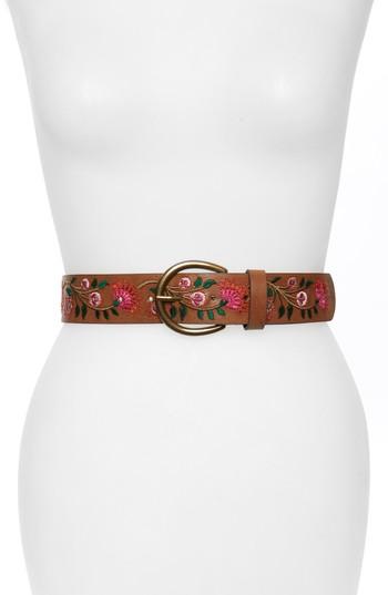 Women's Treasure & Bond Floral Embroidered Leather Belt - Cognac