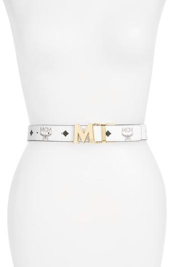 Women's Mcm Color Visetos Reversible Leather Belt, Size - White / Black