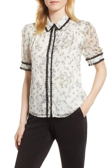 Women's Cece Floral Print Ruffle Trim Shirt, Size - White