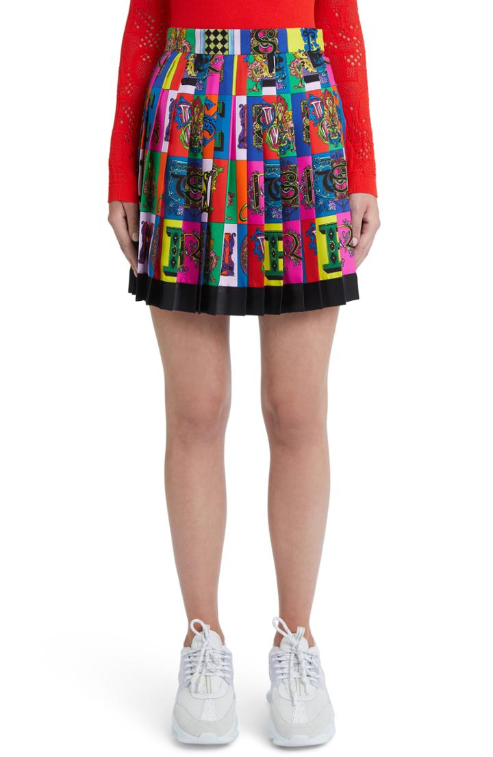 Women's Versace First Line Alphabet Print Pleated Silk Skirt Us / 44 It - Blue