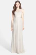 Women's Amsale Illusion Yoke Crinkled Silk Chiffon Gown - Beige