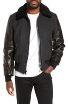 Men's Schott Nyc Mixed Media B-15 Flight Jacket With Genuine Shearling Collar, Size - Black