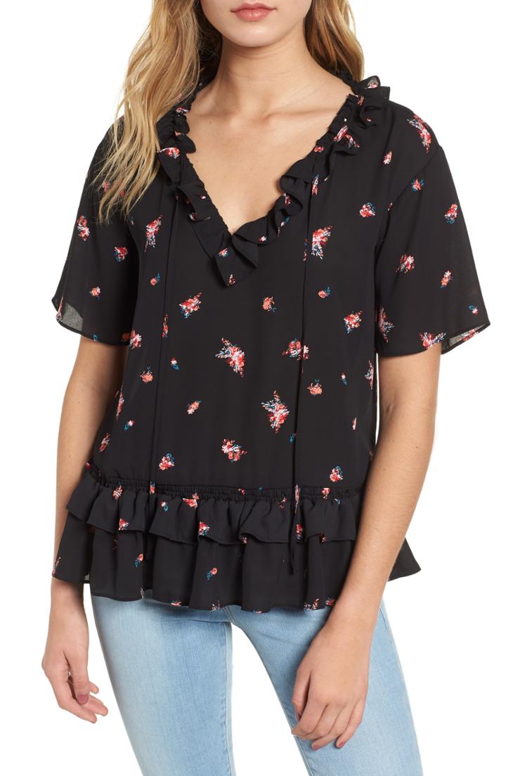 Women's Chelsea28 Ruffle Hem Split Neck Blouse - Black