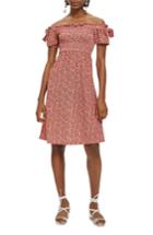 Women's Topshop Smocked Ditsy Print Midi Dress Us (fits Like 0) - Pink