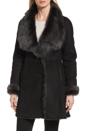 Women's Hiso Genuine Toscana Shearling Wing Collar Coat - Black