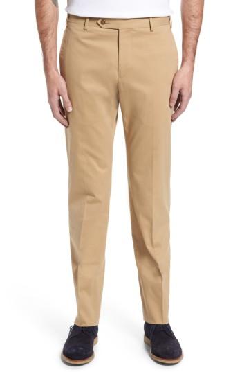Men's Zanella Parker Flat Front Solid Stretch Cotton Trousers - Beige
