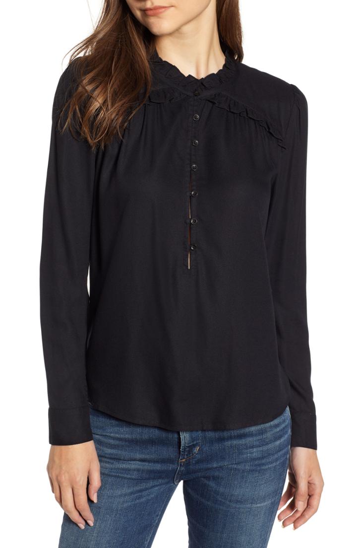 Women's Hinge Ruffle Detail Popover Blouse - Black