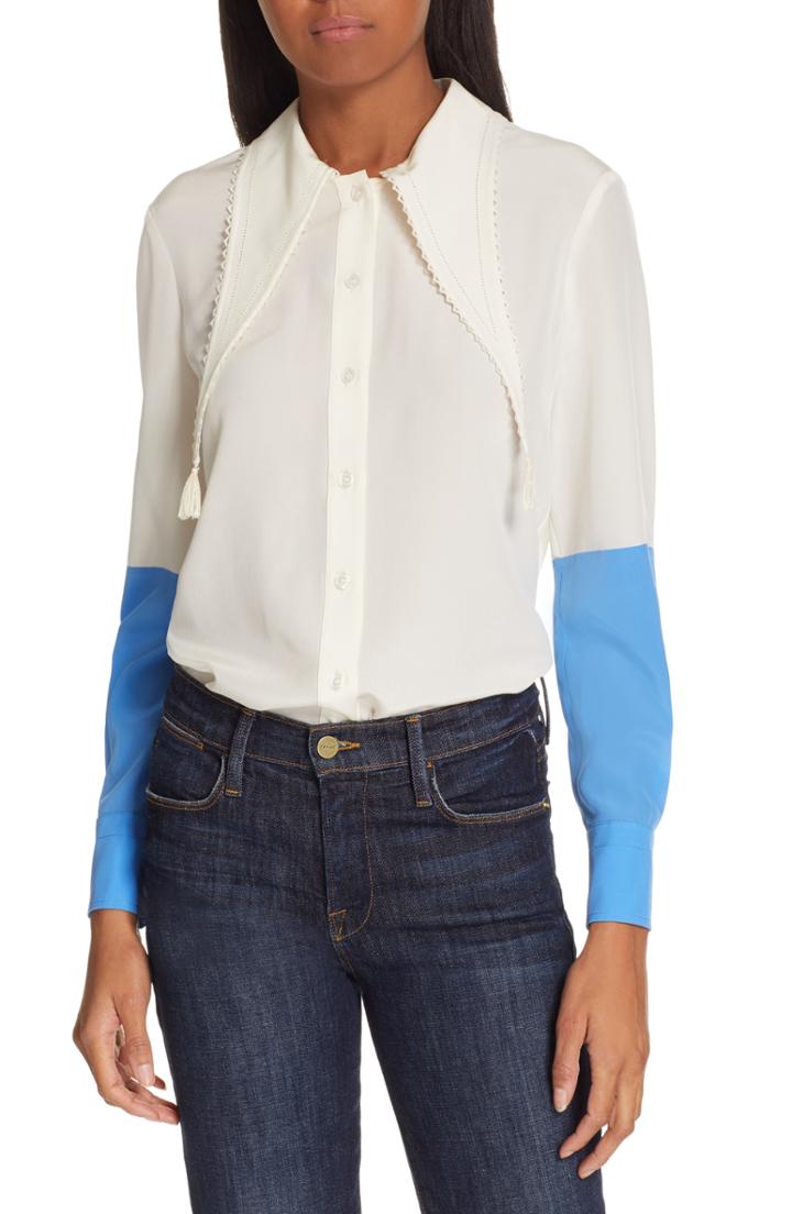 Women's Tory Burch Tassel Collar Silk Blouse - White