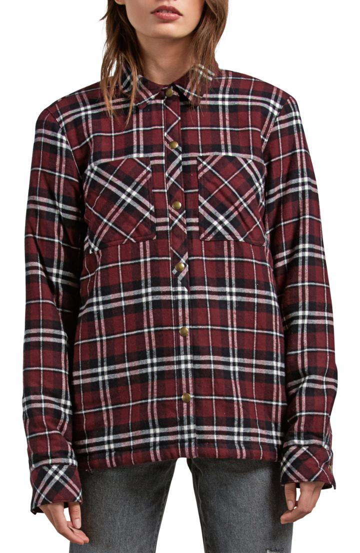 Women's Volcom Plaid About You Plaid Flannel Shaket, Size - Burgundy