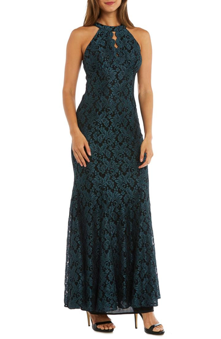 Women's Morgan & Co. Glitter Lace Trumpet Gown - Green