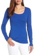 Petite Women's Caslon 'melody' Long Sleeve Scoop Neck Tee, Size P - Blue