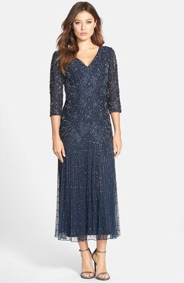 Petite Women's Pisarro Nights Beaded Mesh Dress P - Blue