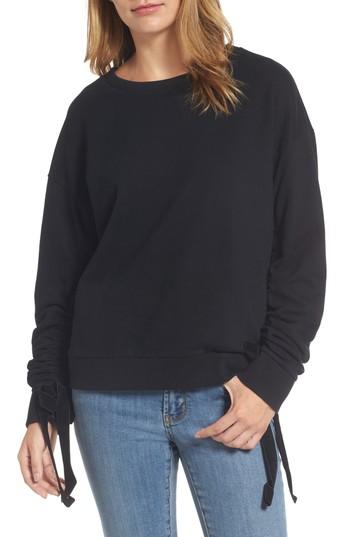 Women's Halogen Ruched Tie Sleeve Sweatshirt, Size - Black