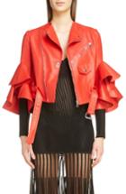Women's Alexander Mcqueen Leather Ruffle Moto Jacket Us / 38 It - Red