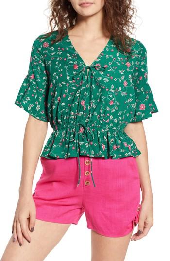 Women's Moon River Floral Tie Front Peplum Top - Green