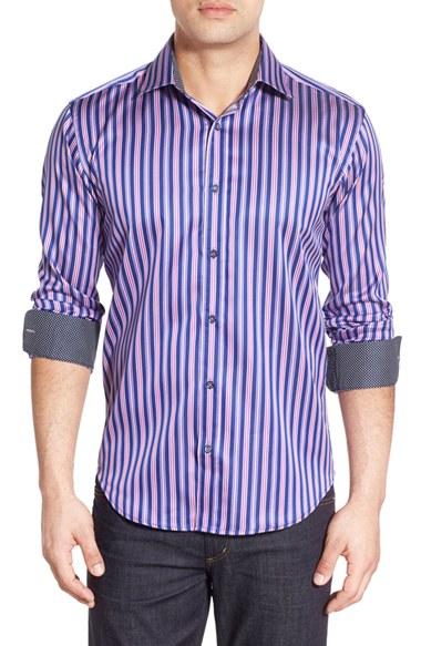 Men's Bugatchi Shaped Fit Stripe Sport Shirt - Pink