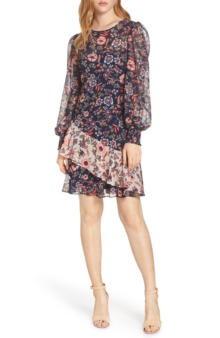Women's Eliza J Floral Print Contrast Ruffle Chiffon Dress - Blue