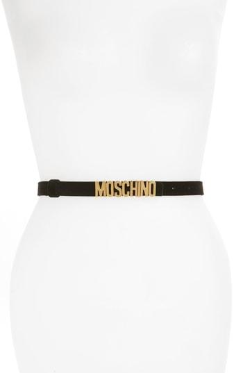 Women's Moschino Logo Plate Skinny Velvet Belt - Black With Gold