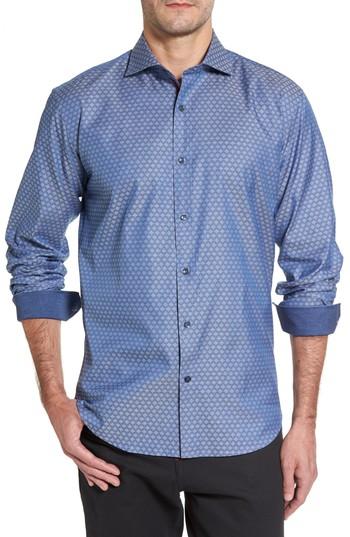 Men's Bugatchi Shaped Fit Dobby Diamond Sport Shirt, Size - Grey