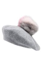 Women's Helene Berman Wool Beret With Genuine Fox Fur Pom - Grey