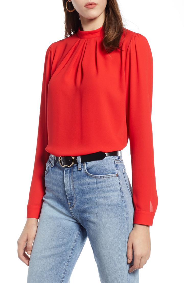 Women's Halogen Pleat Neck Blouse - Red