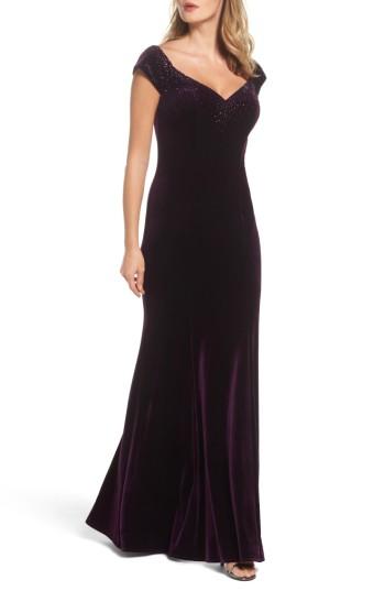 Women's La Femme Sweetheart Rhinestone Velvet Gown - Purple