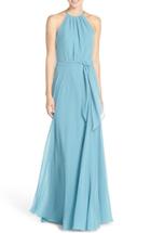 Women's Amsale 'delaney' Belted A-line Chiffon Halter Dress - Blue