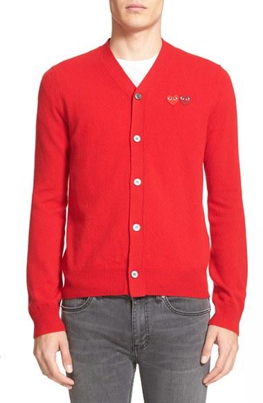 Men's Comme Des Garcons Play Double Heart Wool Cardigan - Red