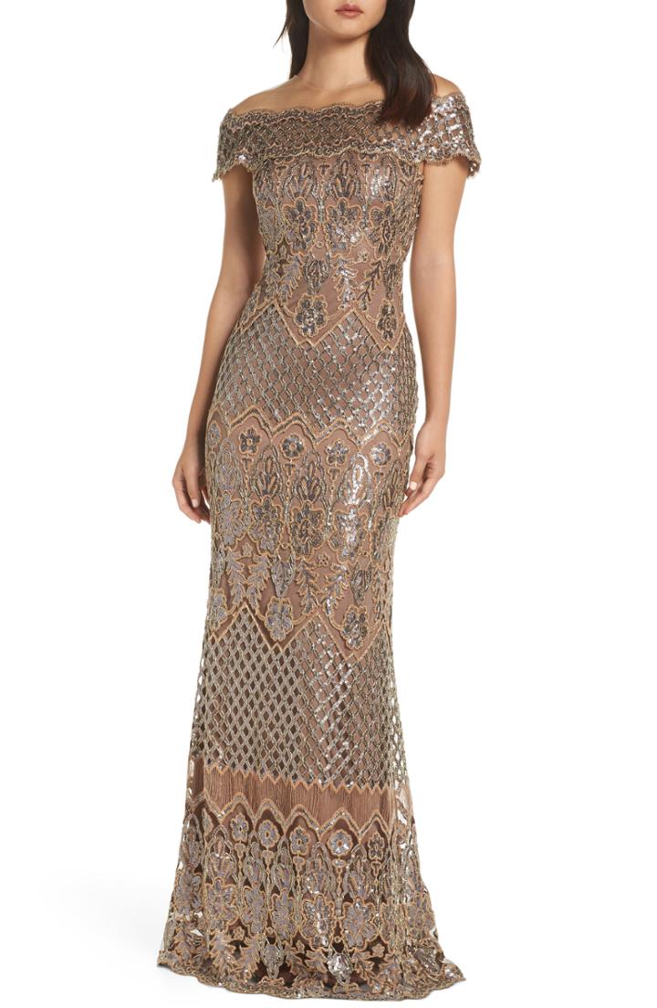 Women's Tadashi Shoji Illusion Neck Sequin Lace Evening Dress - Brown